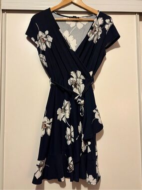 Women's Navy Floral Wrap Midi Dress with Tie Waist